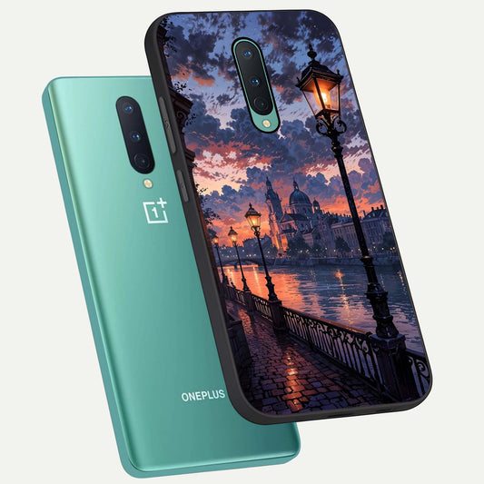 Twilight River Lights phone case For OnePlus 8 showing premium glass back cover with detailed artwork