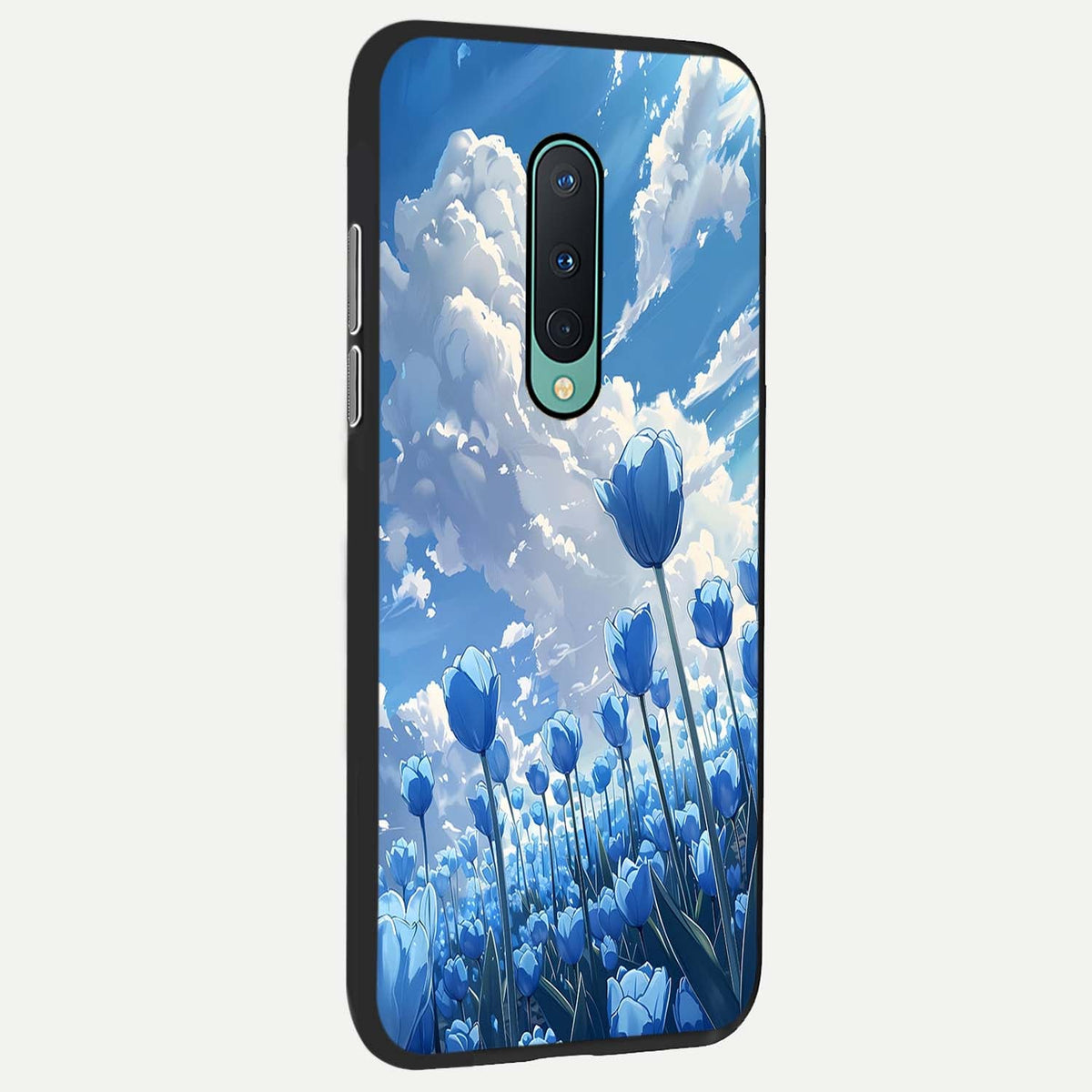 Blue Tulip Clouds back cover For OnePlus 8 slim fit glass case with vibrant aesthetic design
