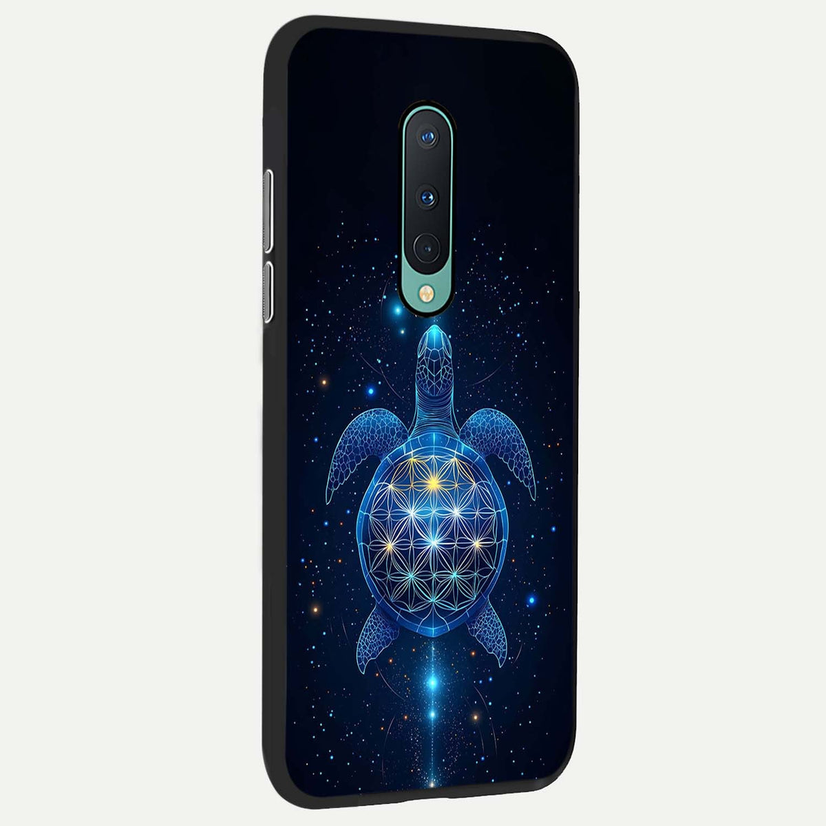 Crimson Blue Turtle back cover For OnePlus 8 slim fit glass case with vibrant aesthetic design