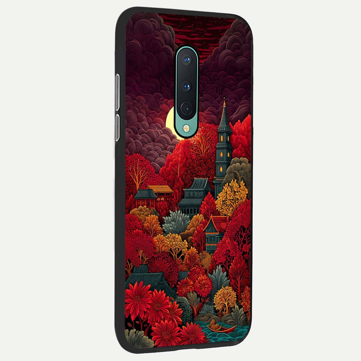 Scarlet Autumn Temple back cover For OnePlus 8 slim fit glass case with vibrant aesthetic design