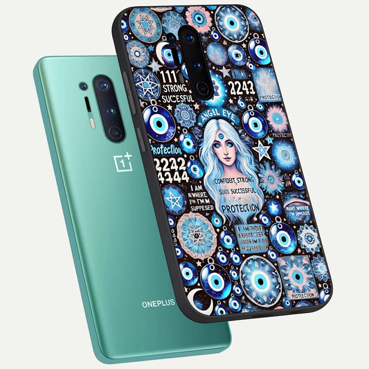 Angel Aura Shield phone case For OnePlus 8 Pro showing premium glass back cover with detailed artwork