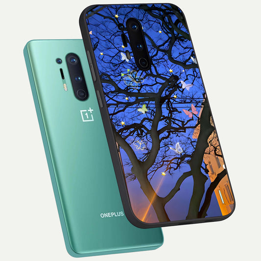 Butterfly Night Magic phone case For OnePlus 8 Pro showing premium glass back cover with detailed artwork
