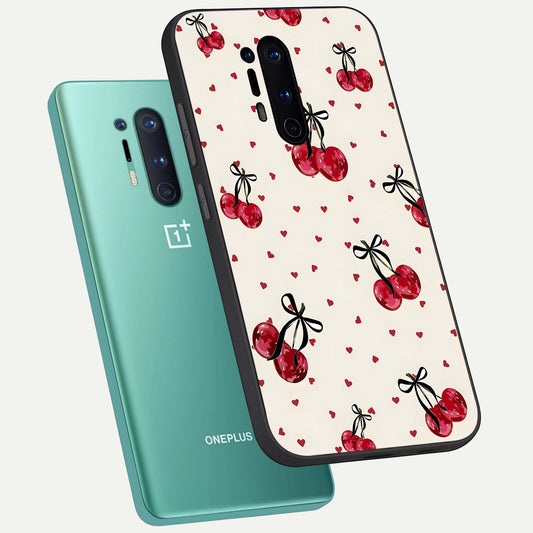 Cherry Heart Bow phone case For OnePlus 8 Pro showing premium glass back cover with detailed artwork