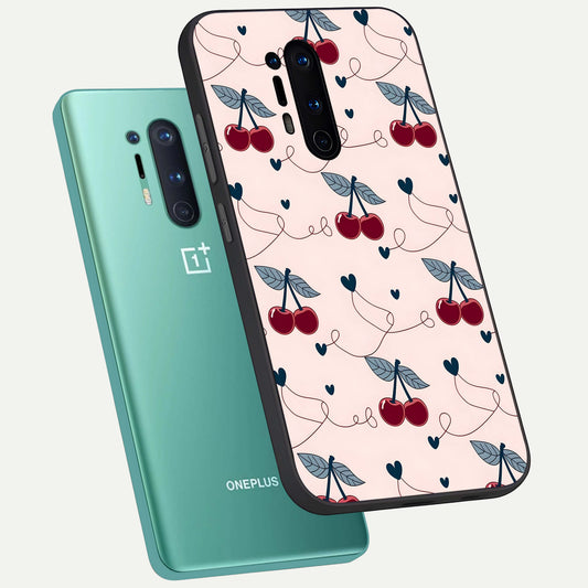 Cherry Heart Line phone case For OnePlus 8 Pro showing premium glass back cover with detailed artwork