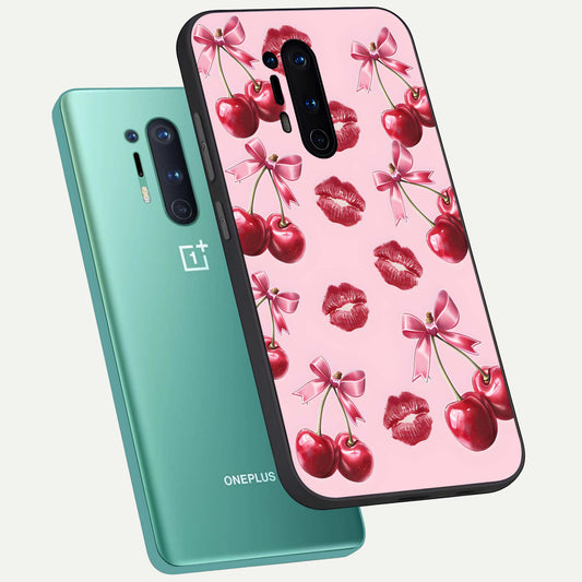 Cherry With Lips phone case For OnePlus 8 Pro showing premium glass back cover with detailed artwork