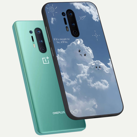 Cloud Bunny Dreams phone case For OnePlus 8 Pro showing premium glass back cover with detailed artwork