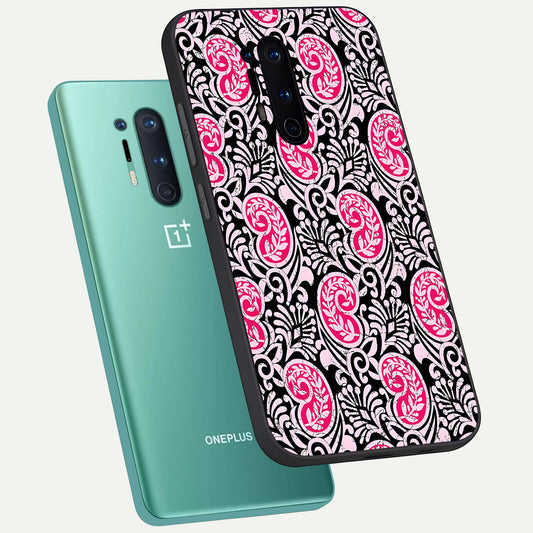 Crimson Paisley Charm phone case For OnePlus 8 Pro showing premium glass back cover with detailed artwork