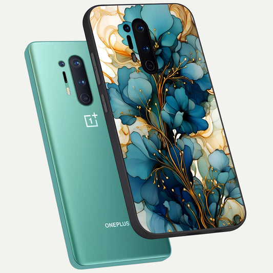 Golden Bloom Symphony phone case For OnePlus 8 Pro showing premium glass back cover with detailed artwork