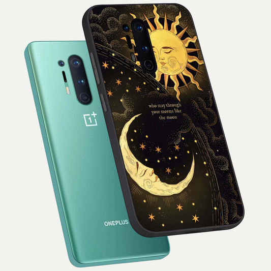 Golden Lunar Love phone case For OnePlus 8 Pro showing premium glass back cover with detailed artwork