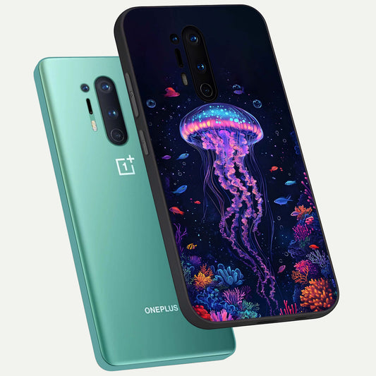 Neon Jellyfish phone case For OnePlus 8 Pro showing premium glass back cover with detailed artwork