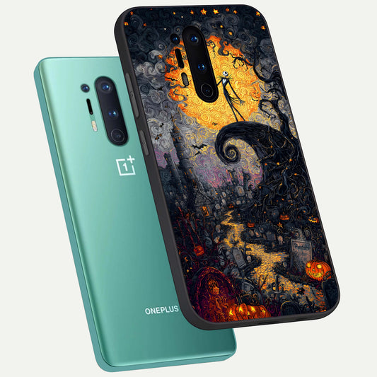 Pumpkin Moon Night phone case For OnePlus 8 Pro showing premium glass back cover with detailed artwork