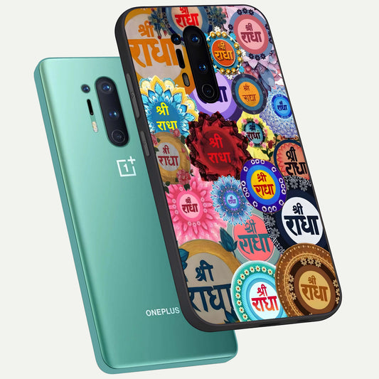 Radha Divine Bloom phone case For OnePlus 8 Pro showing premium glass back cover with detailed artwork