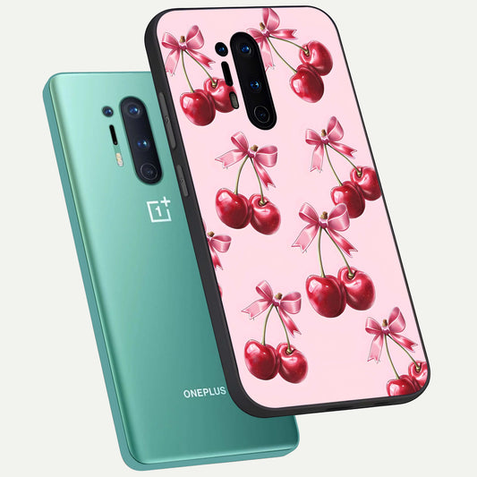 Red Cherries Pattern phone case For OnePlus 8 Pro showing premium glass back cover with detailed artwork