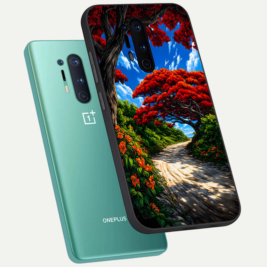 Red Trees Pathway phone case For OnePlus 8 Pro showing premium glass back cover with detailed artwork