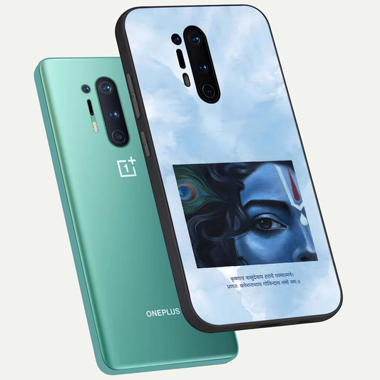 Spiritual Krishna phone case For OnePlus 8 Pro showing premium glass back cover with detailed artwork