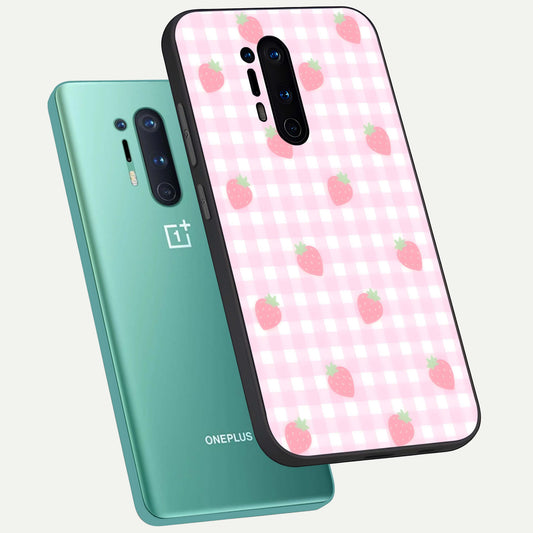 Strawberry Picnic Love phone case For OnePlus 8 Pro showing premium glass back cover with detailed artwork