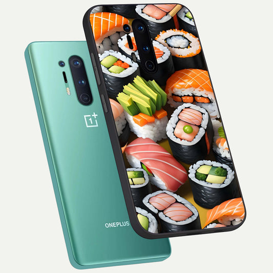 Sushi Food Pattern phone case For OnePlus 8 Pro showing premium glass back cover with detailed artwork