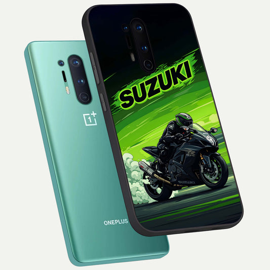Suzuki Speed Beast phone case For OnePlus 8 Pro showing premium glass back cover with detailed artwork