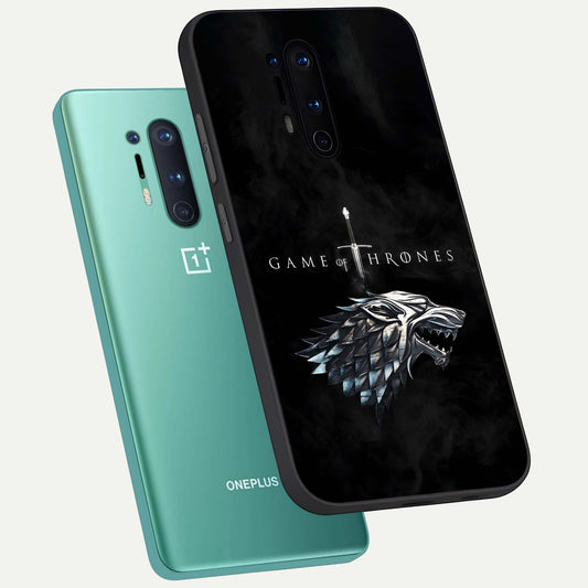 Throne Wolf Legacy phone case For OnePlus 8 Pro showing premium glass back cover with detailed artwork