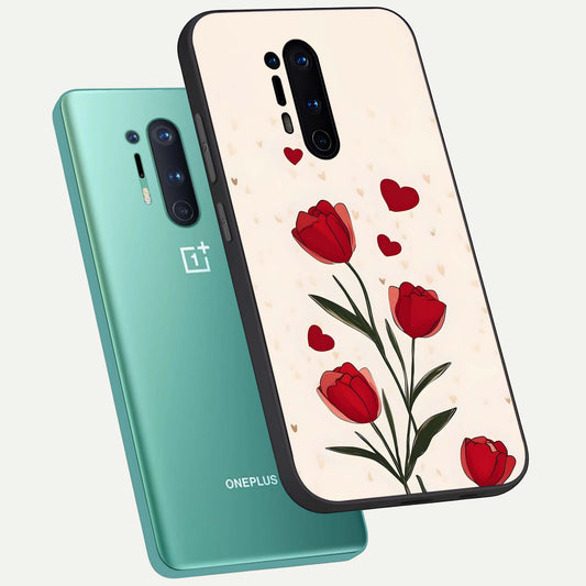 Tulip With Heart phone case For OnePlus 8 Pro showing premium glass back cover with detailed artwork