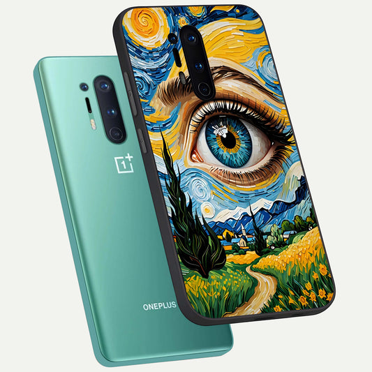 Van Gogh Eye phone case For OnePlus 8 Pro showing premium glass back cover with detailed artwork