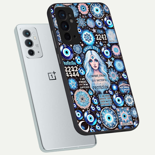 Angel Aura Shield phone case For OnePlus 9RT showing premium glass back cover with detailed artwork