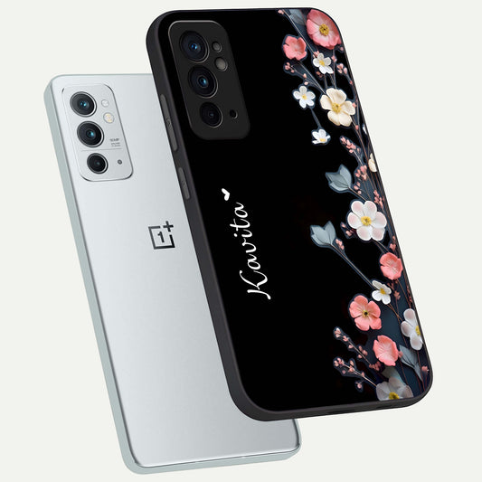 Black Elegance Floral Custom Name phone case For OnePlus 9RT showing premium glass back cover with detailed artwork