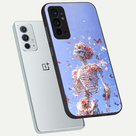 Bloom Beyond Bones phone case For OnePlus 9RT showing premium glass back cover with detailed artwork