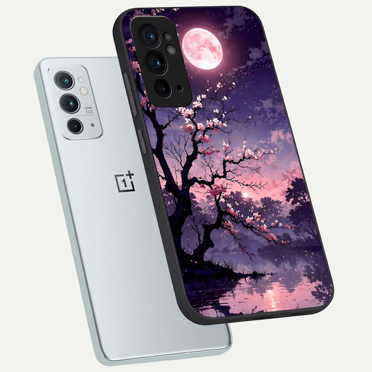 Blossom Pink Moon phone case For OnePlus 9RT showing premium glass back cover with detailed artwork