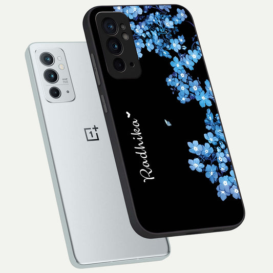 Blue Petal Dream Custom Name phone case For OnePlus 9RT showing premium glass back cover with detailed artwork