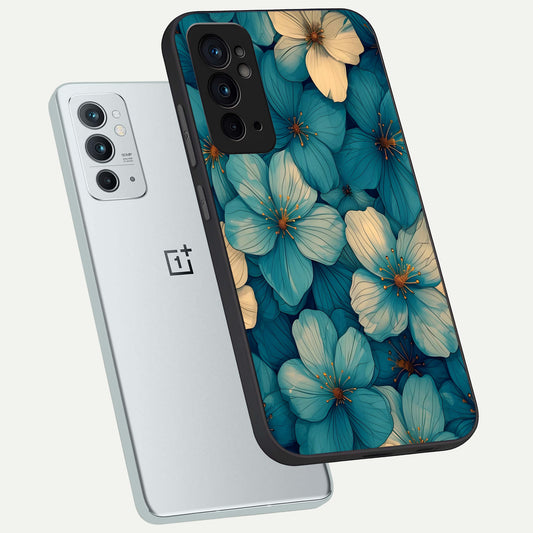 Blue Shade Floral phone case For OnePlus 9RT showing premium glass back cover with detailed artwork