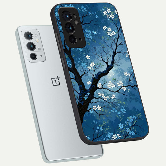 Blue Tree Serenity phone case For OnePlus 9RT showing premium glass back cover with detailed artwork