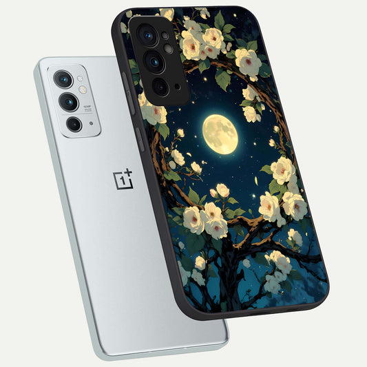 Celestial Moon And Flower phone case For OnePlus 9RT showing premium glass back cover with detailed artwork