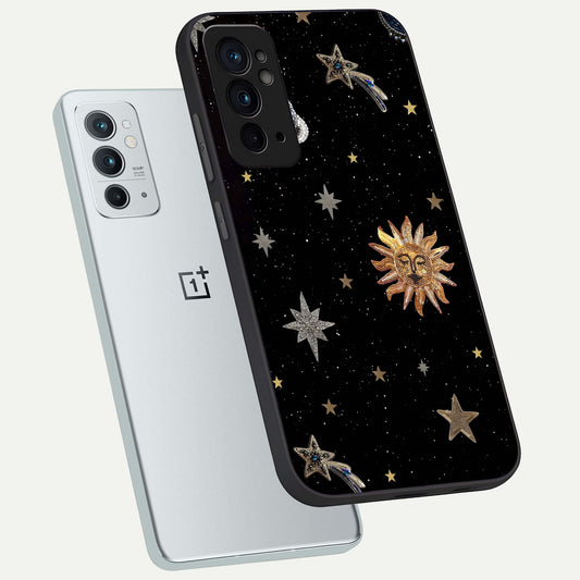 Celestial Moon With Stars phone case For OnePlus 9RT showing premium glass back cover with detailed artwork