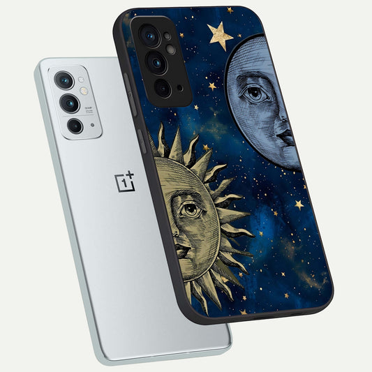 Celestial Moon With Sun phone case For OnePlus 9RT showing premium glass back cover with detailed artwork