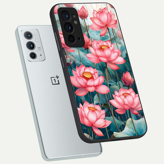 Celestial Pink Lotus phone case For OnePlus 9RT showing premium glass back cover with detailed artwork