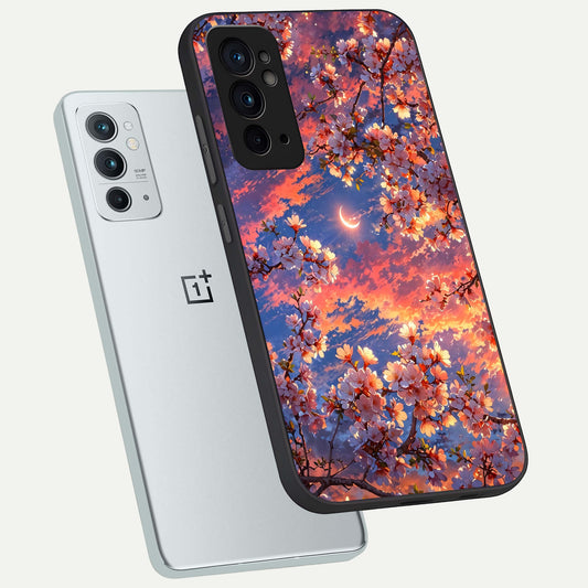 Celestial Sakura Sunset phone case For OnePlus 9RT showing premium glass back cover with detailed artwork