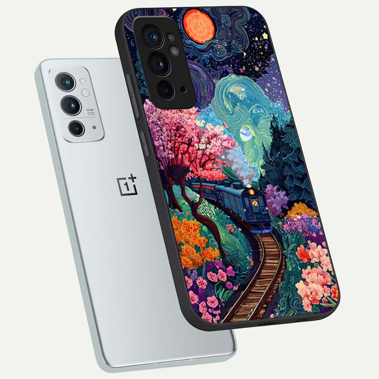 Celestial Train Journey phone case For OnePlus 9RT showing premium glass back cover with detailed artwork