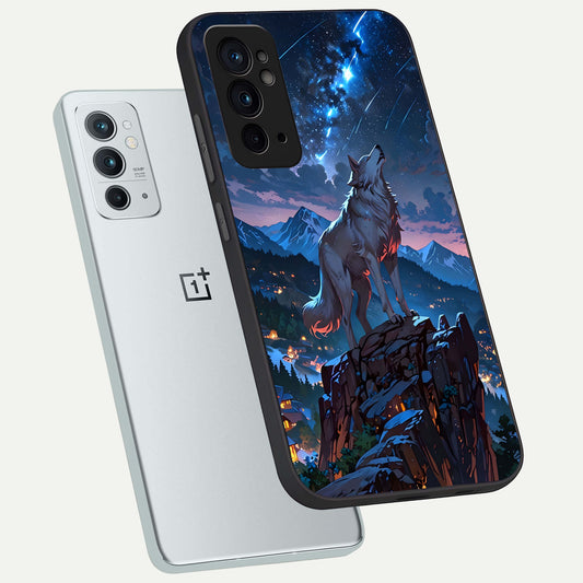 Celestial Wolf Howl phone case For OnePlus 9RT showing premium glass back cover with detailed artwork