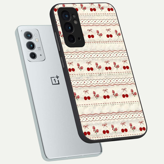 Cherry Bloom Charm phone case For OnePlus 9RT showing premium glass back cover with detailed artwork