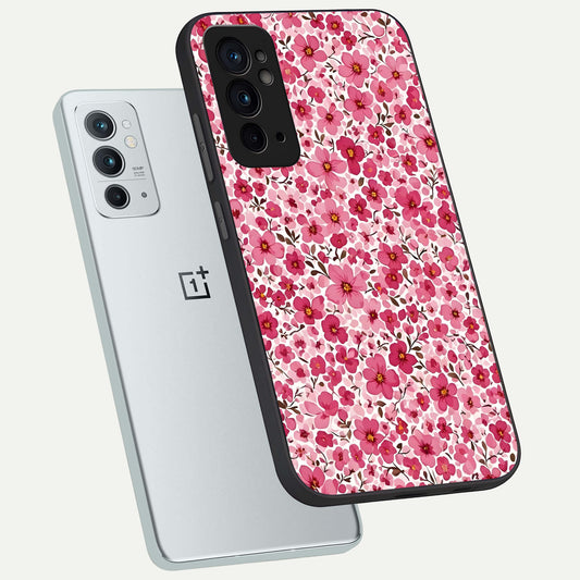 Cherry Blossom Charm phone case For OnePlus 9RT showing premium glass back cover with detailed artwork