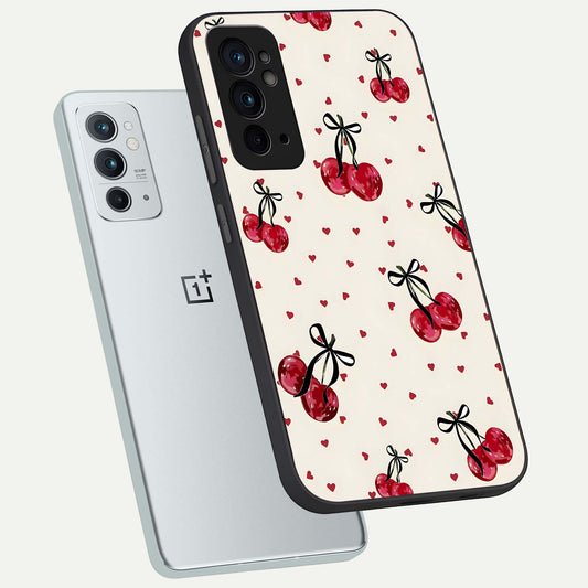 Cherry Heart Bow phone case For OnePlus 9RT showing premium glass back cover with detailed artwork