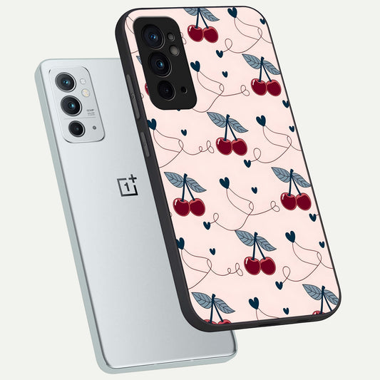 Cherry Heart Line phone case For OnePlus 9RT showing premium glass back cover with detailed artwork