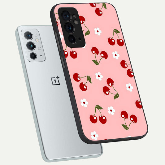 Cherry Love Mood phone case For OnePlus 9RT showing premium glass back cover with detailed artwork