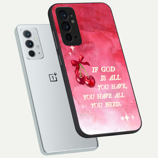 Cherry Quote phone case For OnePlus 9RT showing premium glass back cover with detailed artwork