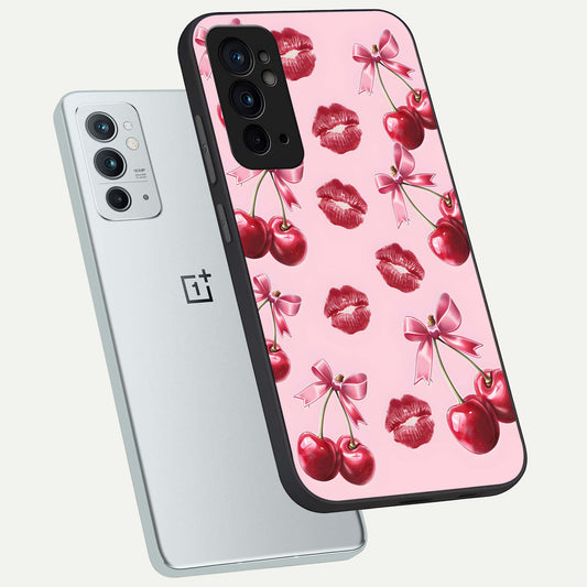 Cherry With Lips phone case For OnePlus 9RT showing premium glass back cover with detailed artwork