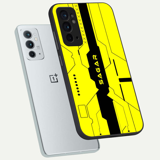 Circuit CYBERPUNK Custom Name phone case For OnePlus 9RT showing premium glass back cover with detailed artwork