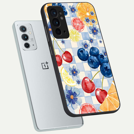 Citrus Bloom Joy phone case For OnePlus 9RT showing premium glass back cover with detailed artwork