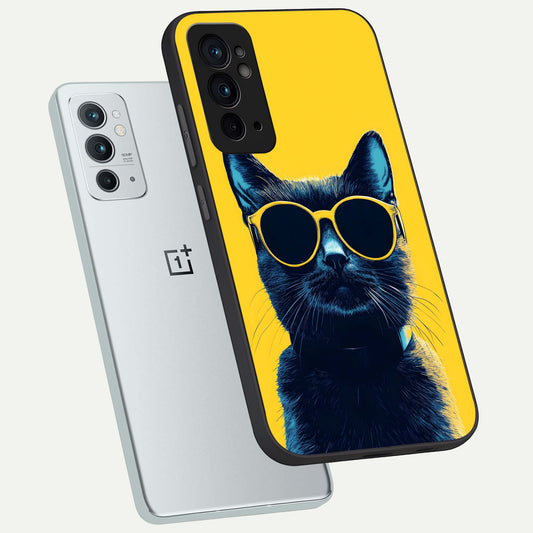Cool Cat Vibes phone case For OnePlus 9RT showing premium glass back cover with detailed artwork