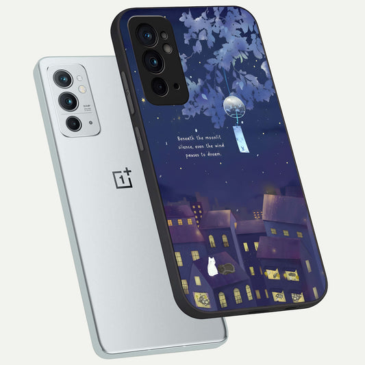 Moonlit Cat Silence phone case For OnePlus 9RT showing premium glass back cover with detailed artwork